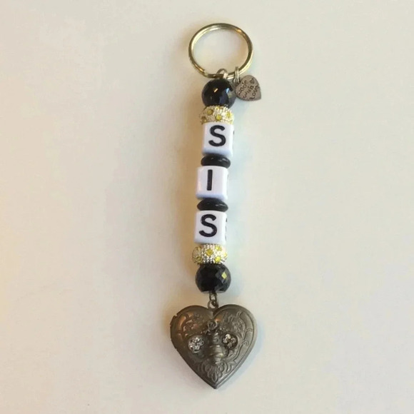 Hand Crafted White, Black & Gold “SIS” Keychain - Picture 1 of 6